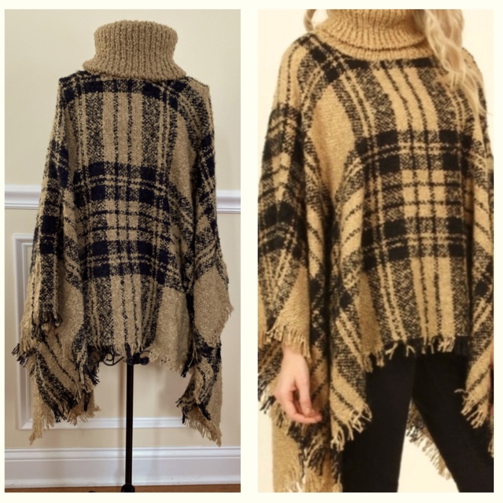 Turtleneck Fringe Hem Tan & Black Poncho - One Size